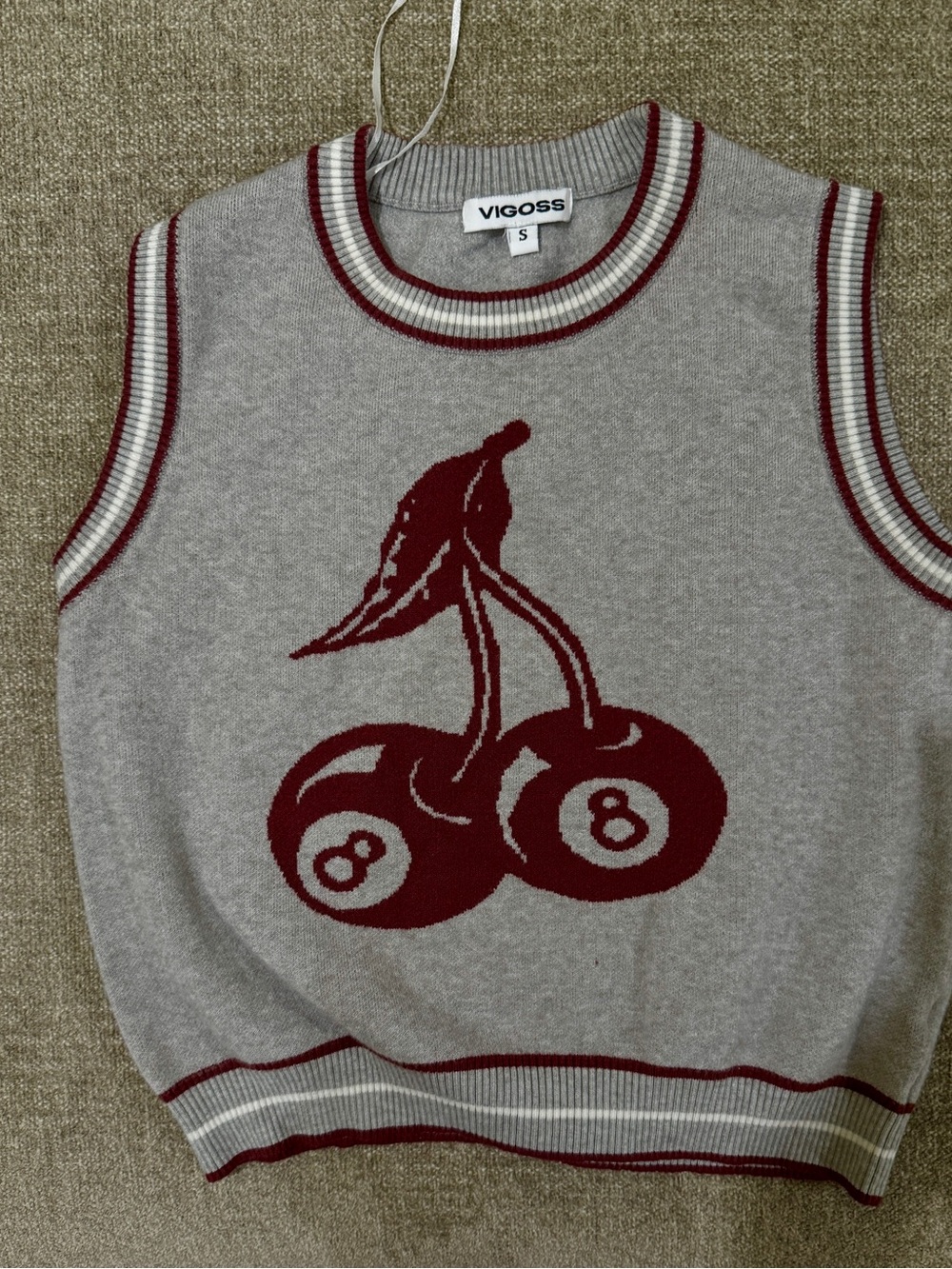 Vigoss Gray Knit Sleeveless Sweater Vest with Burgundy Cherry Graphic